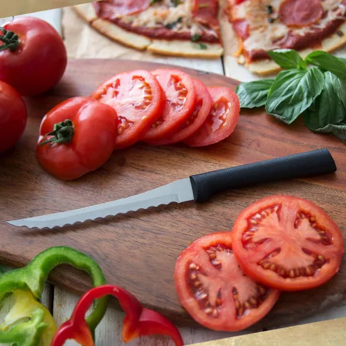 Vista 4 de Rada Cuchillo rebanador de tomate (W226), hoja dentada de acero inoxidable de 5 pulgadas, mango negro