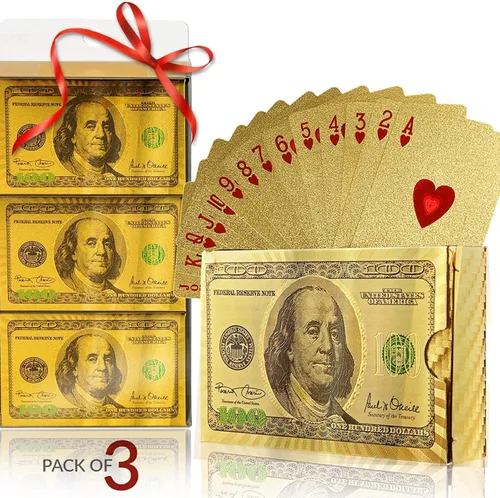 Vista 10 de Cartas de póquer de papel de aluminio impermeables, baraja de naipes de plástico para regalo (3 barajas (oro + oro rosa + negro)) 3 cubiertas