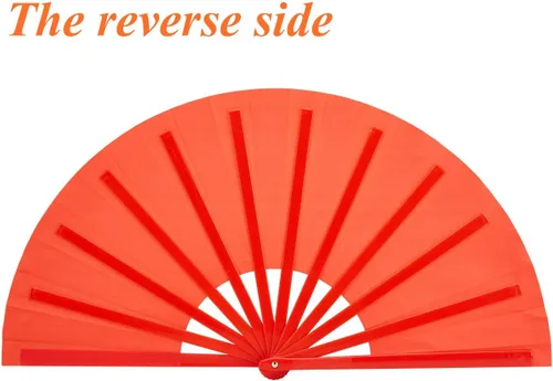 Vista 2 de Ventilador de mano plegable de baile, 13 pulgadas, color rojo, grande, chino, Kung Fu Tai Chi, plástico y nailon para hombres y mujeres