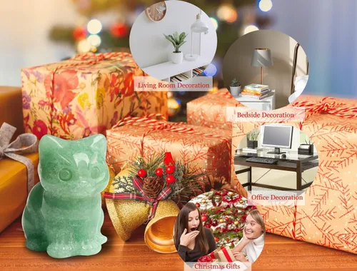 Vista 3 de DUQGUHO Figuras de gato de cristal de aventurina verde - Estatua de gato de la suerte y linda para decoración de escritorio o habitación 1 pieza