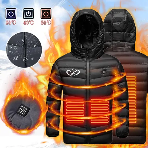 Vista 3 de Chaqueta térmica para niños y niñas, abrigo cálido con capucha para niños y niñas, calentador eléctrico de cuerpo con carga USB