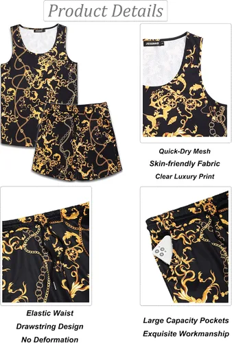 Vista 4 de JoZorro Conjunto de camiseta sin mangas con estampado floral para hombre, camiseta deportiva casual con estampado de lujo, ropa deportiva hawaiana