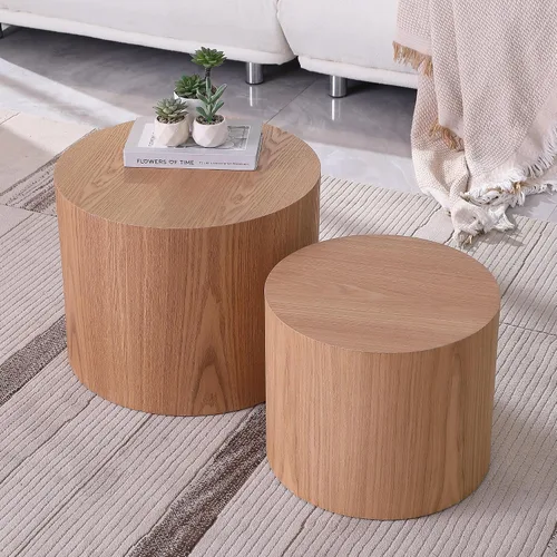 Vista 3 de JUSTONE Juego de mesa auxiliar anidable de 2 piezas, mesas redondas de madera de roble moderno para sala de estar para dormitorio y oficina en casa