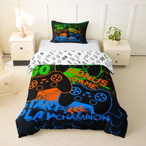 Vista 53 de Juego de funda de edredón con diseño de videojuegos para niños, tamaño individual, negro y azul a cuadros, juego de ropa de cama moderna