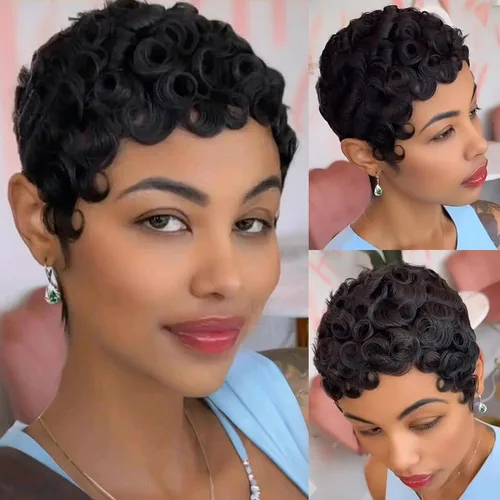 Vista 15 de YJOQOKOA Peluca corta de cabello humano estilo Bob para mujeres negras, pelucas de cabello humano con corte Pixie, sin pegamento, sin encaje