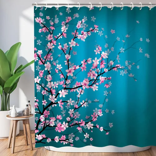 Vista 12 de LIVILAN Cortina de ducha con flores rosas y grises, cortinas de ducha florales de acuarela con ganchos, tela blanca y gris, decoración de baño
