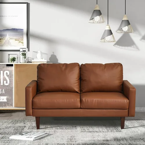 Vista 2 de INSTORY Sofá de dos plazas de cuero cómodo sofá moderno con patas de madera para sala de estar, oficina - marrón