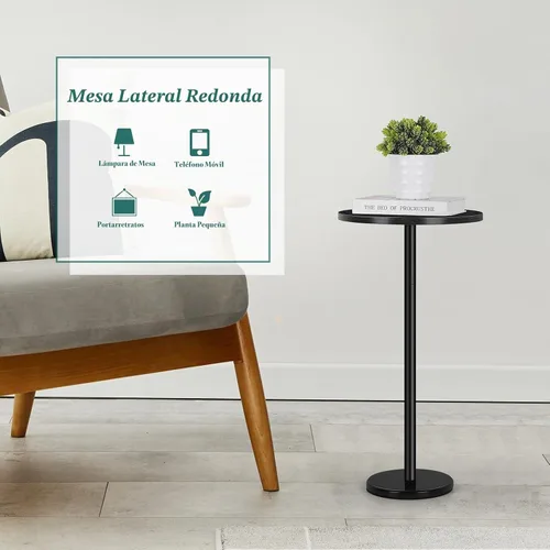Vista 5 de Mesa auxiliar redonda pequeña, juego de 2 mesas auxiliares redondas negras, mesita de noche moderna para niños, mesa de noche para exteriores