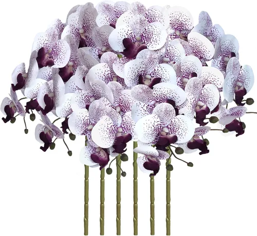 Vista 13 de FagusHome Flores de Phalaenopsis Artificiales de 32 Pulgadas 6 Piezas Tallos de Flores de Orquídeas Artificiales para Decoración del Hogar (Azul)