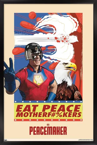 Vista 8 de DC Comics TV Peacemaker - Póster de pared Eat Peace, 22.4 pulgadas de largo x 14.7 pulgadas de ancho, versión enmarcada de madera de granero Versión