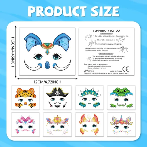 Vista 6 de EMOME Tatuajes faciales para niños, paquete de 24 hojas, tatuajes de pintura facial, maquillaje para niños y niñas, suministros de fiesta