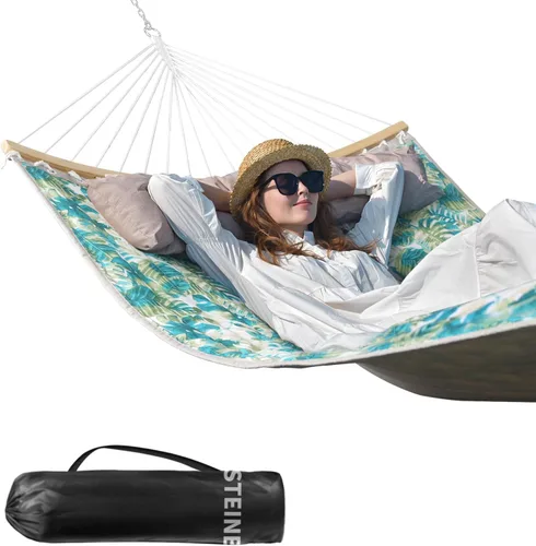 Vista 10 de Hamaca doble, hamaca de tela acolchada de 11 pies para 2 personas para exteriores con almohada, barra separadora curvada plegable, cadenas, bolsa