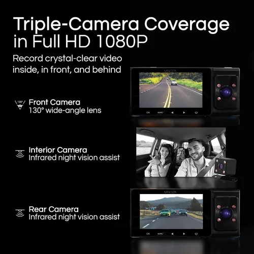 Vista 2 de Cámara de salpicadero Minolta – DVR de coche de 3 canales 1080P con cámara trasera e interior, visión nocturna, pantalla LCD de 3.0”, sensor G