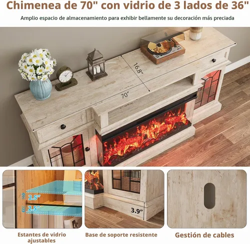 Vista 6 de QUW - Soporte de TV con chimenea estilo granja de 70 pulgadas para televisores de hasta 80 pulgadas, centro de entretenimiento con chimenea