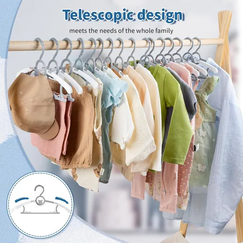 Vista 6 de Perchas ajustables para bebé, extensibles y apilables, perchas de plástico antideslizante de 11 a 14 pulgadas, perchas para niños pequeños