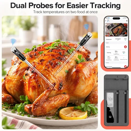 Vista 4 de Smart Wireless Meat Thermometer, 2 Wireless Probes, App Alerts, 360FT