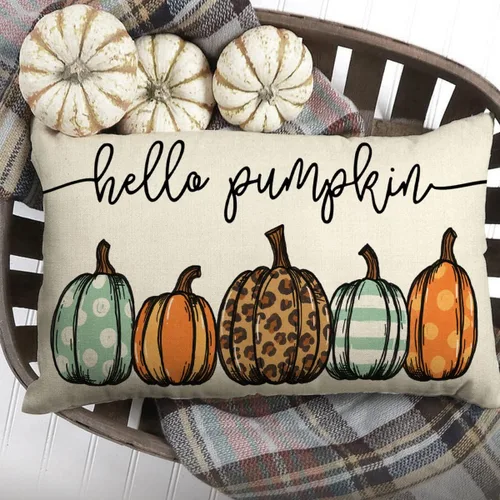 Vista 2 de Fundas de almohada de otoño de 12 x 20 pulgadas, diseño de leopardo, acuarela, Hello Pumpkin, para otoño, para decoración de otoño