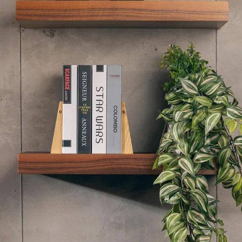 Vista 7 de TILISMA Sujetalibros de madera hechos a mano con base de metal, castaño - Soportes resistentes para libros para estanterías - Sujetalibros
