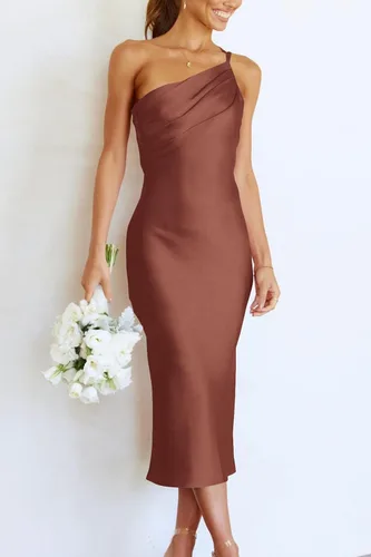 Vista 5 de PRETTYGARDEN Vestido midi de satén para mujer, con un hombro, tirantes delgados, espalda descubierta, fruncido, vestido ajustado de verano