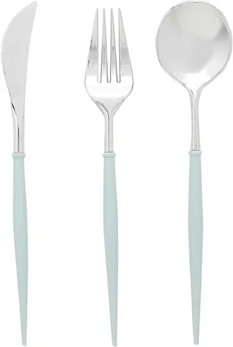 Vista 9 de Cubiertos de plástico Silverwar de plástico plateado con mango azul, cubiertos desechables pesados que incluyen 8 tenedores, 8 cucharas, 8 cuchillos