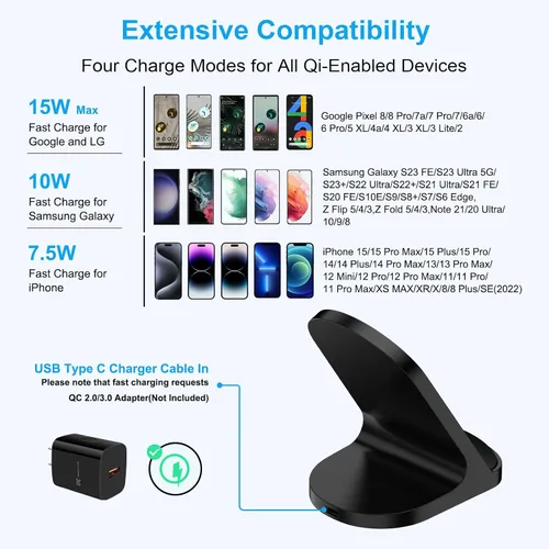 Vista 7 de Soporte de cargador inalámbrico de carga rápida para Pixel 9 para Google Pixel 10 Pro XL 9a 8 7, Samsung Galaxy S25Ultra Z Flip/Fold7 S24FE S23Plus