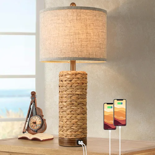 Vista 13 de TOBUSA Lámpara de mesa de ratán de 25 pulgadas para sala de estar, lámpara de mimbre bohemia costera con 3 temperaturas de color, lámpara de cesta