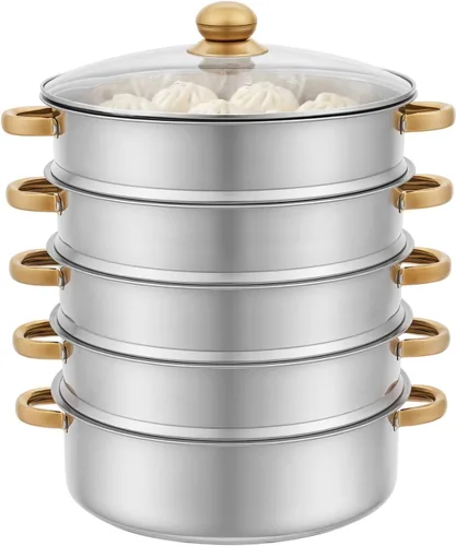 Vista 9 de Vaporizador de acero inoxidable de 3 niveles, 11 pulgadas (11.0 in) D para alimentos y verduras, utensilios de cocina con tapa de vidrio para cocina