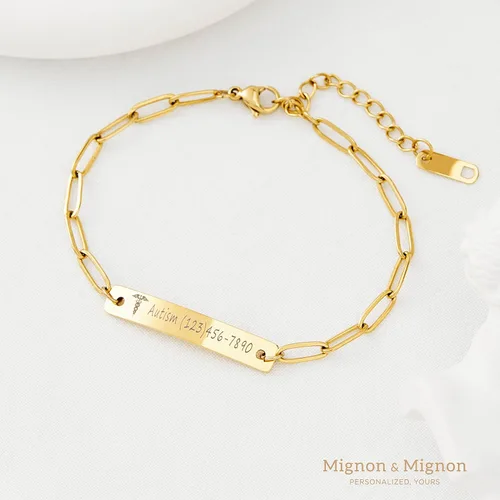Vista 3 de Medical ID Bracelet for Women Personalized Medical Alert Engraved Diabetic Autism Awareness Bracelet Custom Paperclip Chain Jewelry Prescription