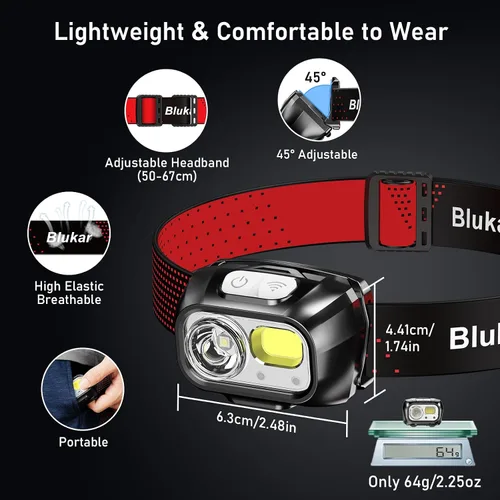 Vista 8 de Blukar Linterna Frontal, LED Recargable Súper Brillante de 2000L - Combinación de Luz Focal y Luz Difusa, Control por Sensor, 8 Modos, Resistente al