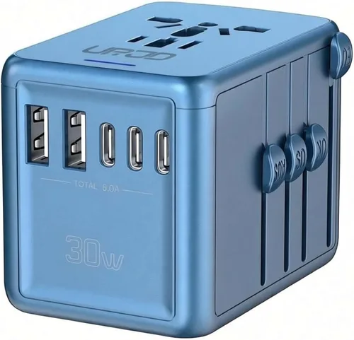 Vista 9 de Adaptador universal de viaje, carga rápida PD de 35 W, 5 puertos USB C/A 2500W AC Outlet, International Power Adapter for Europe UK US AU 200+