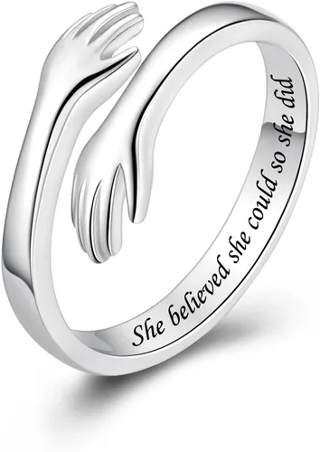 Vista 13 de Anillos de abrazo de plata esterlina S925 para mujeres, adolescentes y niñas, anillo ajustable para nieta, hija, esperanza, promesa, amistad, anillo