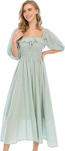 Vista 3 de R.Vivimos - Vestidos largos de verano de media manga para mujer, hechos de algodón, con volantes, estilo vintage, elegantes, con espalda descubierta