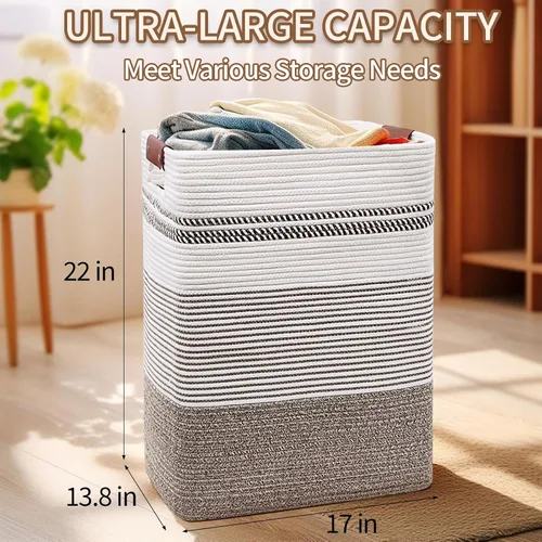 Vista 22 de DOFASAYI Cesta de lavandería grande de 72 litros con asas de cuero, cesta de almacenamiento decorativa para mantas, cesta de ropa para sala