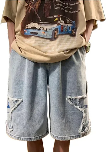 Vista 2 de Pantalones cortos de mezclilla de retazos de estrella para hombre, pantalones cortos de mezclilla Y2K de pierna ancha sueltos hip-hop