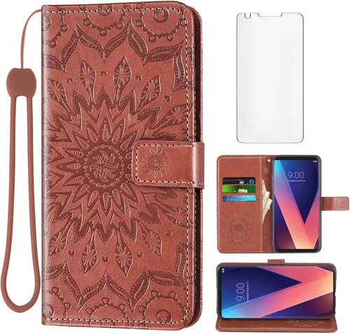 Vista 11 de Funda de teléfono para LG V35 ThinQ V30 Plus con protector de pantalla de vidrio templado y cubierta abatible de cuero, soporte para tarjetas