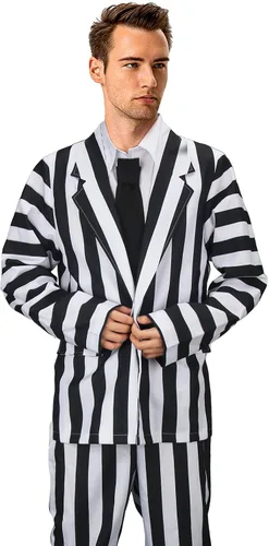Vista 6 de Vikidoky Disfraz de rayas blancas y negras para hombre, abrigo y pantalones, chaleco de los años 80, película de miedo, Halloween, cosplay, fiesta
