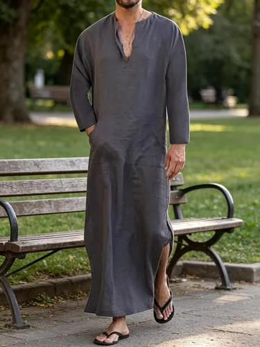Vista 4 de Jacansi - Bata de cuello en V para hombre, manga corta, división lateral, caftán de algodón, thobe largo, tallas S-3XL Púrpura-gris #1