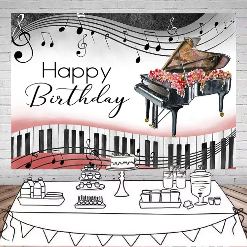 Vista 2 de Mocsicka Fondo de cumpleaños de piano, tema musical, decoraciones de cumpleaños, notas de piano, teclas, suministros de fiesta de cumpleaños