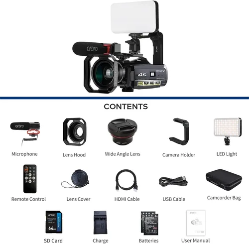 Vista 6 de ORDRO Cámara de video UHD 4K IR visión nocturna Vlogging Cámara para YouTube Grabadora de zoom digital con micrófono, lente gran angular, luz