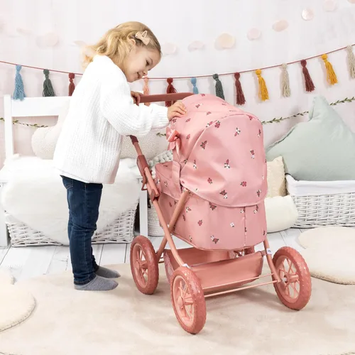 Vista 3 de Bayer Diseño: Cochecito de muñeca Trendy - Rosa y flores - Play Push Cochecito, bolso, mango ajustable, plegable, accesorio para el cuidado