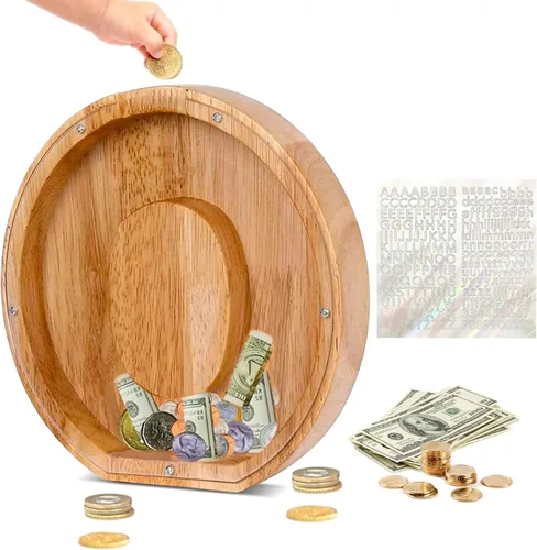 Vista 26 de Alcancía de Madera Personalizada con Letras del Alfabeto, Banco de Monedas con Letras del Alfabeto para Niños, Niñas y Bebés, Tamaño Grande, 26