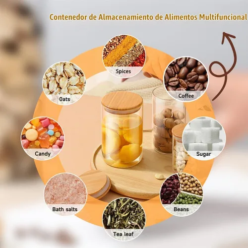 Vista 2 de Tarro de vidrio hermético con tapa y cuchara de bambú, recipientes de vidrio de 15 onzas con tapa para té de granos de especias, recipiente