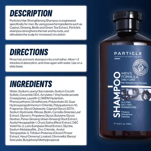 Vista 6 de Particle Champú para engrosar el cabello para hombres, champú para hombres, fórmula limpiadora hecha con biotina, capixyl, redensyl, ginseng