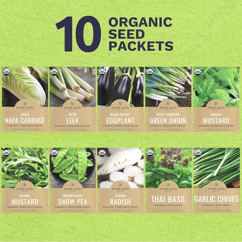 Vista 2 de Paquete variado de semillas de jardín asiáticas orgánicas, 10 paquetes individuales, temporada 2026, albahaca tailandesa, mostaza Bekana, rábano