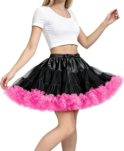 Vista 14 de Falda de Enagua de Gasa con Cintura Elástica para Mujer, Falda de Tul Tutú Esponjosa de Princesa para Ballet y Danza, Enaguas Falda Interior Negro1