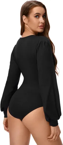 Vista 2 de WDIRARA Body de encaje de pestañas para mujer, cuello en V profundo, manga farol, sólido y elegante