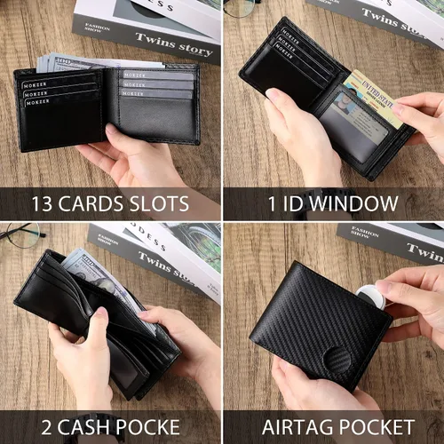 Vista 3 de Airtag mens Wallet Rayas negras Cartera de cuero para hombre