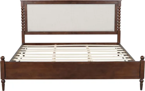 Vista 4 de Merax Base de cama de plataforma de madera maciza tamaño King, cabecera tapizada y eje clásico y con panel de tela, no necesita somier, capacidad