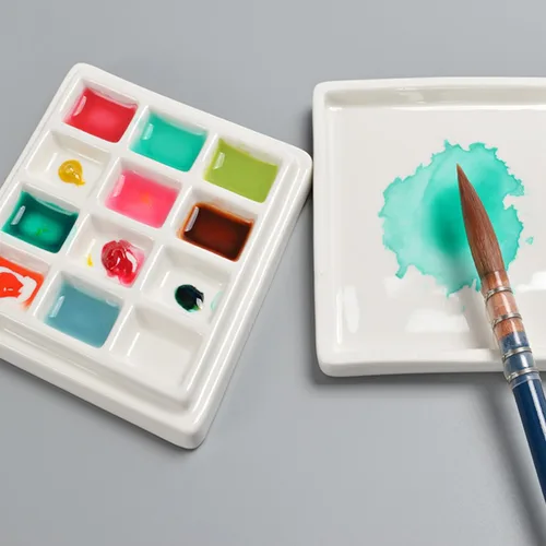 Vista 7 de 12 Wells Paleta de cerámica con cubiertas, paleta de pintura de porcelana, bandeja de mezcla para pintar acuarela, gouache, artes y manualidades