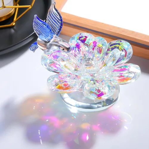 Vista 3 de Movdyka Figura de cristal, decoración de flor de loto, regalo de colibrí azul, para mujer, adornos de vidrio cristal brillante, reflejo de flor
